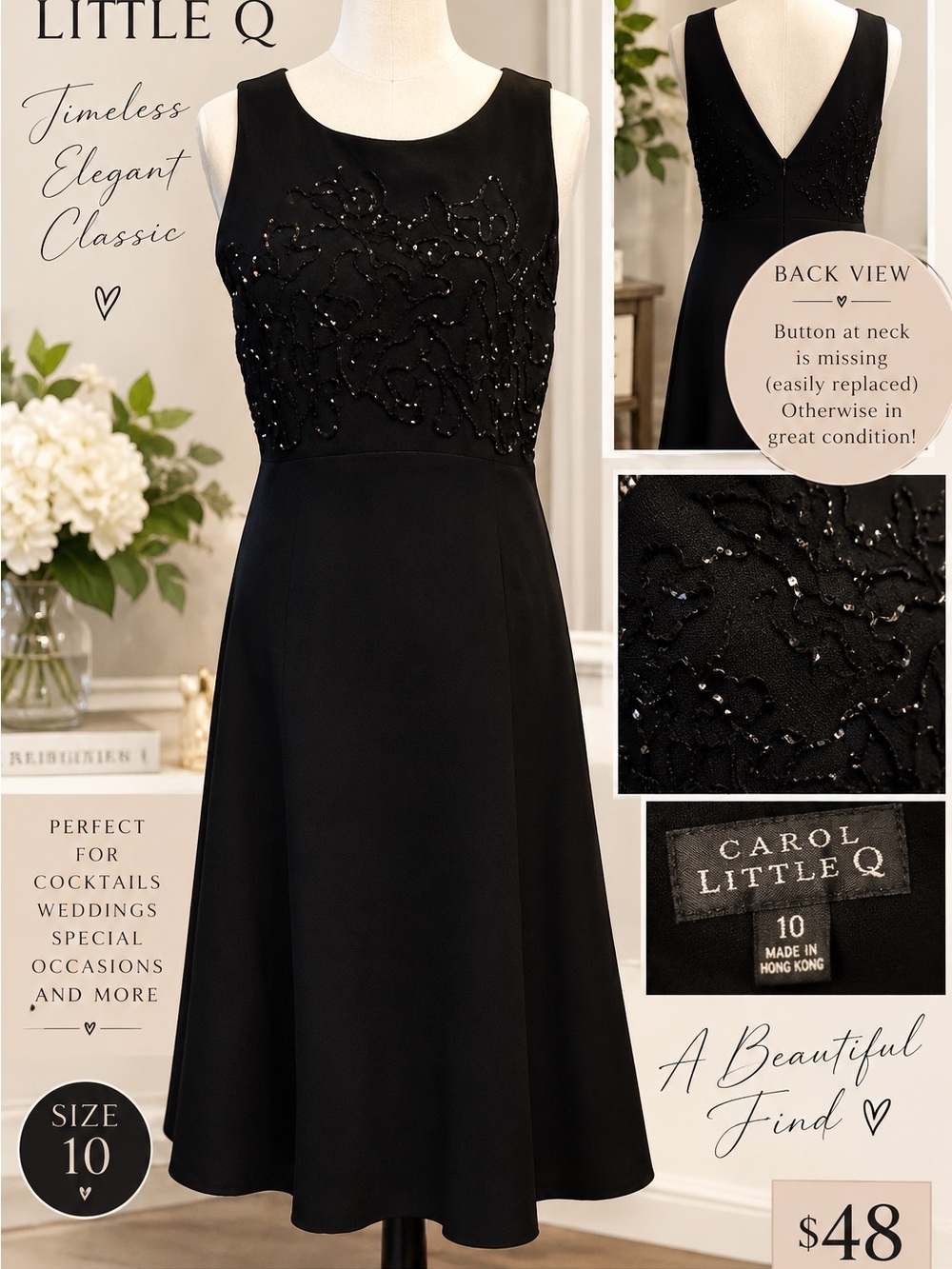 🖤 Carol Little Q Black Beaded Cocktail Dress Size 10